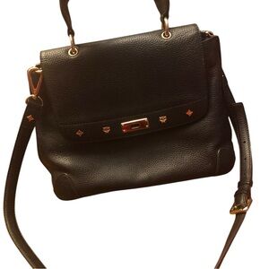 MCM Black Leather‎ Crossbody Satchel Bag Turn Lock Gold Hardware